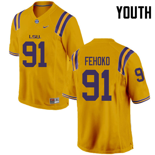 Youth #91 Breiden Fehoko LSU Tigers College Football Jerseys Sale-Gold